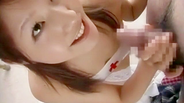 Japanese Nurse babe dresses in student uniform and masturbates with toys in front of older man