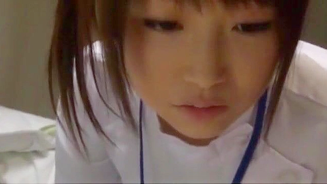 Attractive Japanese Nurse lady masturbates while munching a throbbing dick