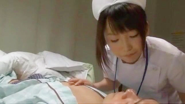 Attractive Japanese Nurse lady masturbates while munching a throbbing dick