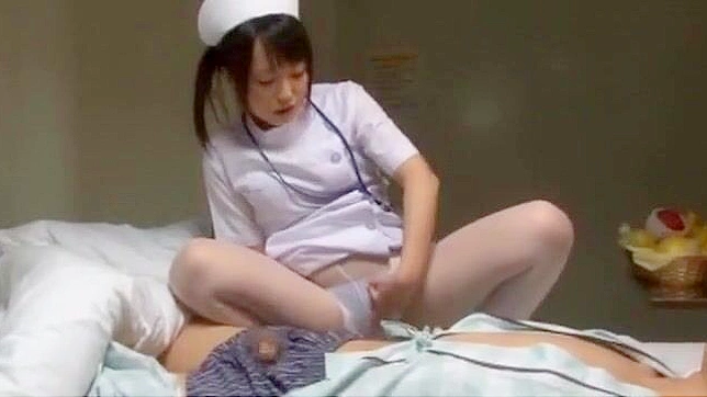 Attractive Japanese Nurse lady masturbates while munching a throbbing dick