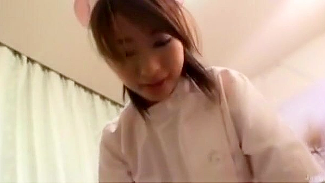 Adorable Japanese Nurse teen enjoys having a hard cock in her hairy pussy