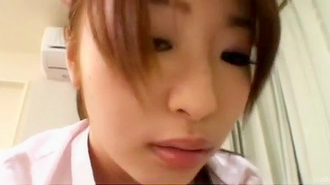 Adorable Japanese Nurse teen enjoys having a hard cock in her hairy pussy