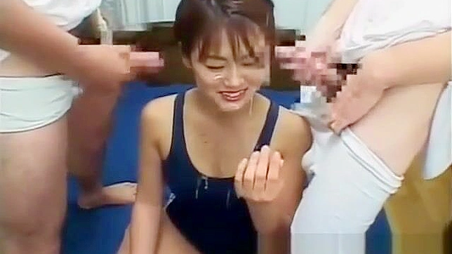 JAV cutie gets doused in bukkake during group sex romp! - See the hottest Asian babe in a swimsuit get wet and wild with a group of guys!