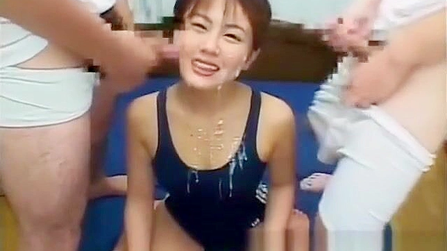 JAV cutie gets doused in bukkake during group sex romp! - See the hottest Asian babe in a swimsuit get wet and wild with a group of guys!