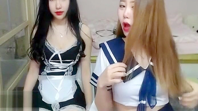 Korean Lesbians in Sexy Uniforms, Licking and Fingering Each Other Passionately.