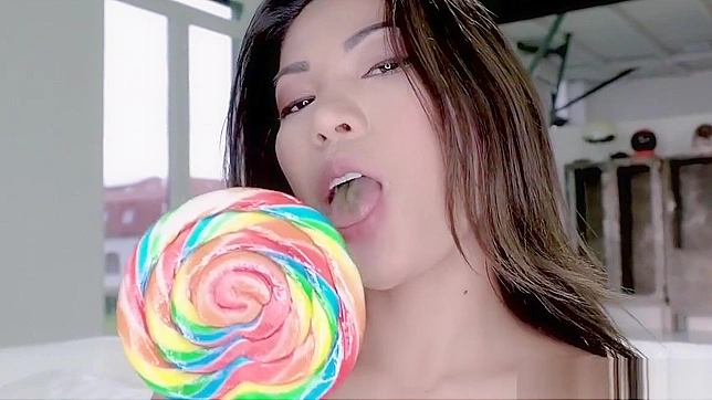 Gorgeous Asian Babe Sucks Lollipop, Fucks Lucky Guy, and Plays with Cum.