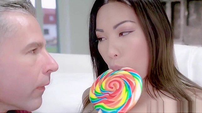 Gorgeous Asian Babe Sucks Lollipop, Fucks Lucky Guy, and Plays with Cum.