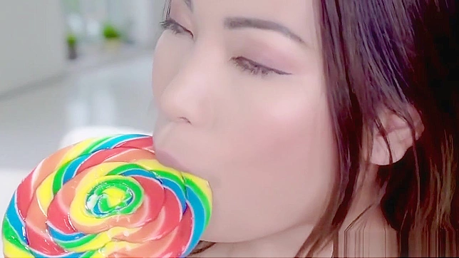 Gorgeous Asian Babe Sucks Lollipop, Fucks Lucky Guy, and Plays with Cum.