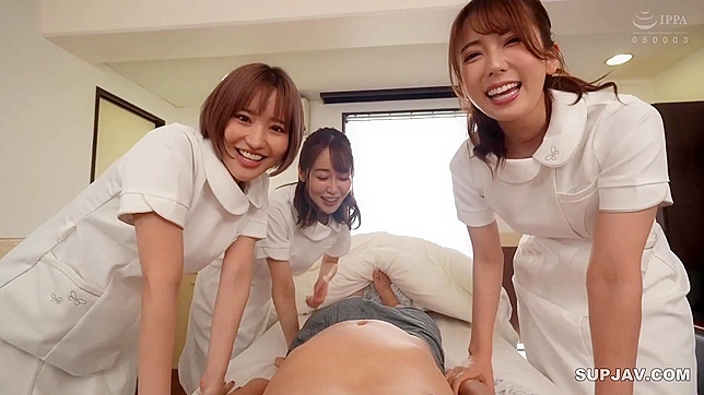 Three Perverted Japanese Nurses Drain a Rich Patient's Cock and Swallow All His Cum