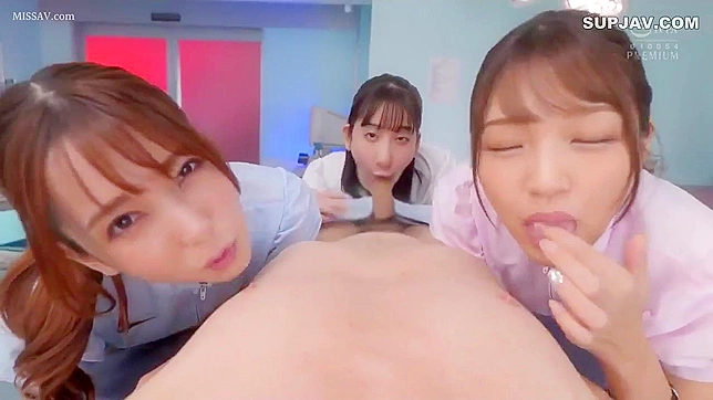 Three Japanese Nurses in Stockings Seduce and Fuck Nerdy Boss Hard!