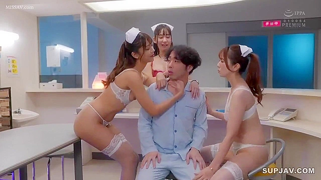 Nerdy Boss Gets His Cock Sucked and Fucked by Three Japanese Nurses!