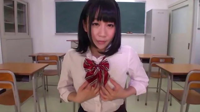 Teen Japanese schoolgirl fingers shaved pussy to squirt