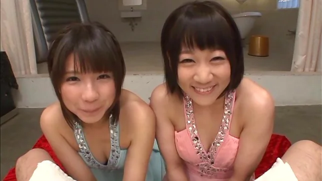Sexy gals Yuri Shinomiya and Koharu Aoi lick cock on POV 2