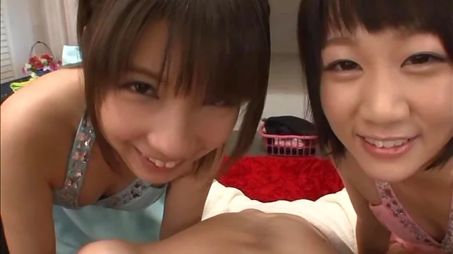 Sexy gals Yuri Shinomiya and Koharu Aoi lick cock on POV 2