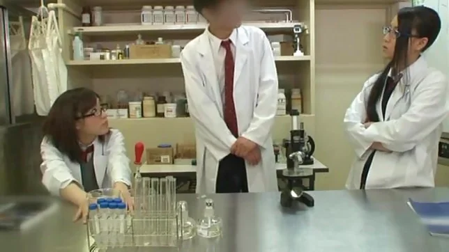 Teen schoolgirl friends in glasses help to jerk him off 3