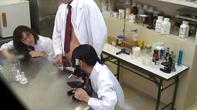 Teen schoolgirl friends in glasses help to jerk him off 3