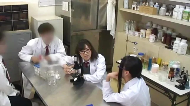 Teen schoolgirl friends in glasses help to jerk him off 4