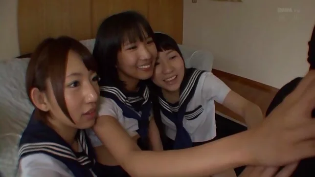 Three horny schoolgirls, Riku Minato, Nanase Otoha, and Ito Yoshikawa in uniform meets a cock in POV 8