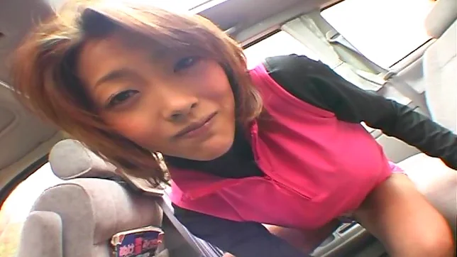 Busty teen plays with cock while in the car