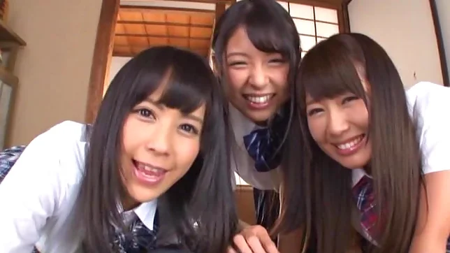 Three pretty Tokyo schoolgirls share a dick and enjoy titfuck