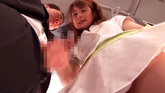 Hot Japanese girl is giving handjob on the subway