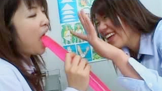 Two cute Asian lesbians share a massive double headed dildo